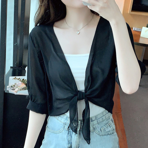 Has been shipped small shawl coat women's 2024 summer new small shoulder all-match chiffon sun protection coat short outer cardigan