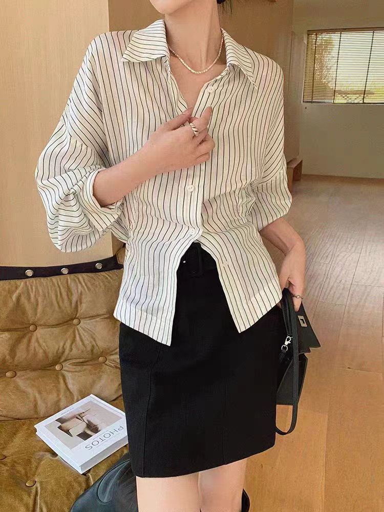JWUNIQUE長袖條紋純棉襯衫女2024年早春新款時尚氣質寬鬆顯瘦上衣