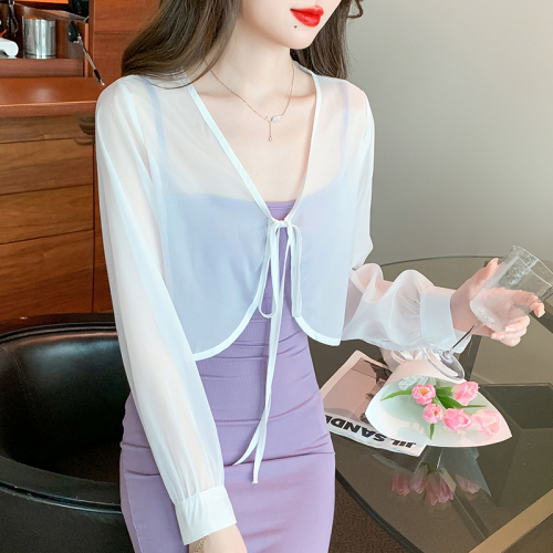 Already shipped 2024 spring and summer new chiffon sunscreen shawl shirt sleeves tie loose small coat for women