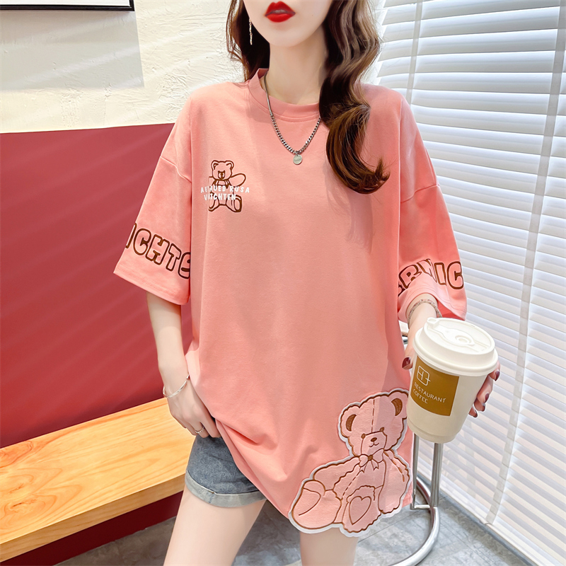 實拍 2024夏季韓版6535棉圓領卡通貼布印花寬鬆大碼女裝短袖t恤女
