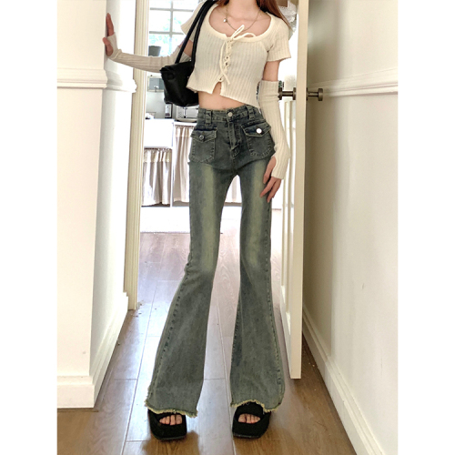 Real shot of high-waisted elastic hottie denim bootcut pants for women
