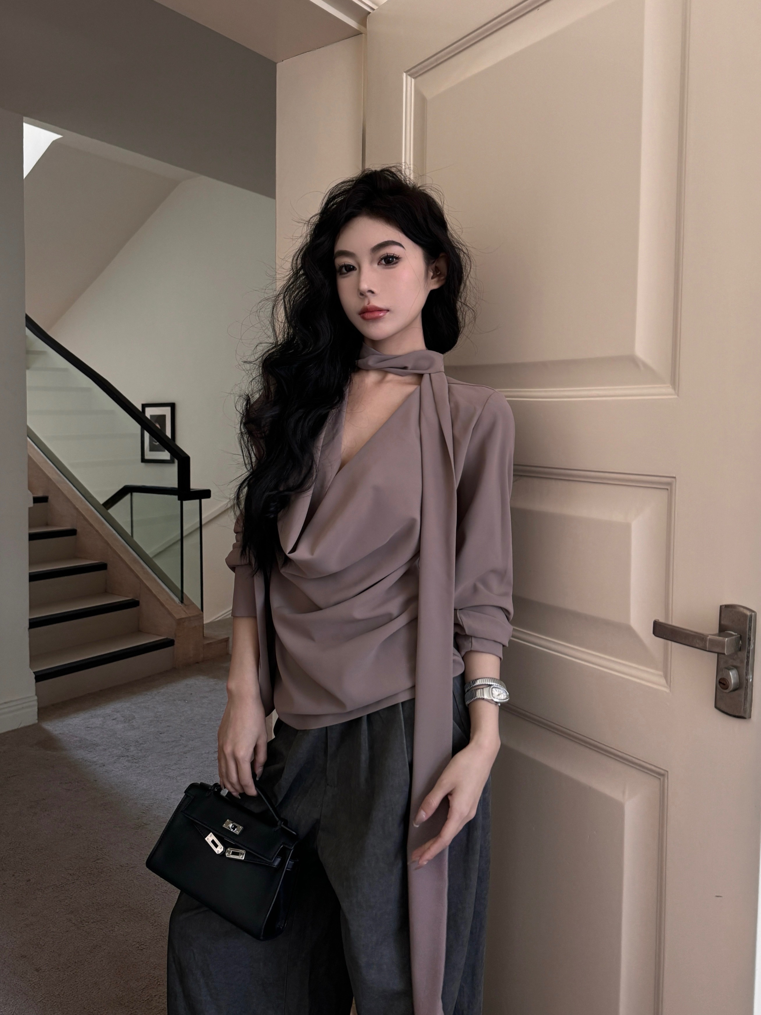 Actual shot of new swing collar lace-up design single top solid color long-sleeved shirt top