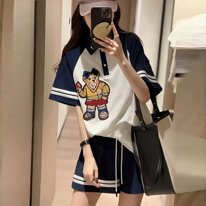 歐洲站學院風POLO領刺繡短袖休閒運動服套裝女夏季時尚短褲兩件套