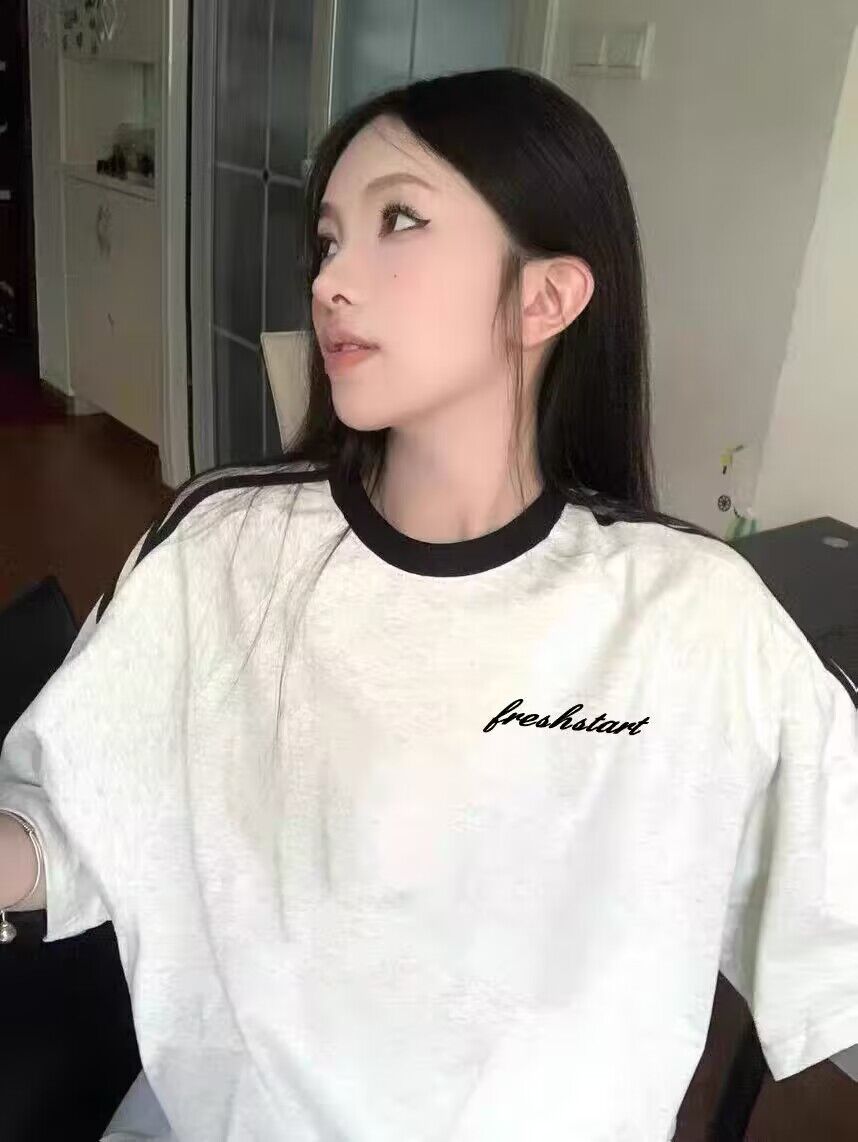 純棉200克21支精梳精密直播品質前 印花三條槓落肩短袖t恤女