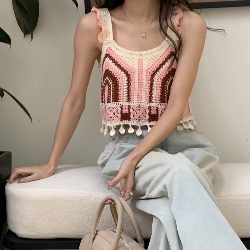 復古國風新款 2024復古鏤空背心女下擺設計感小眾別刺繡吊帶馬甲