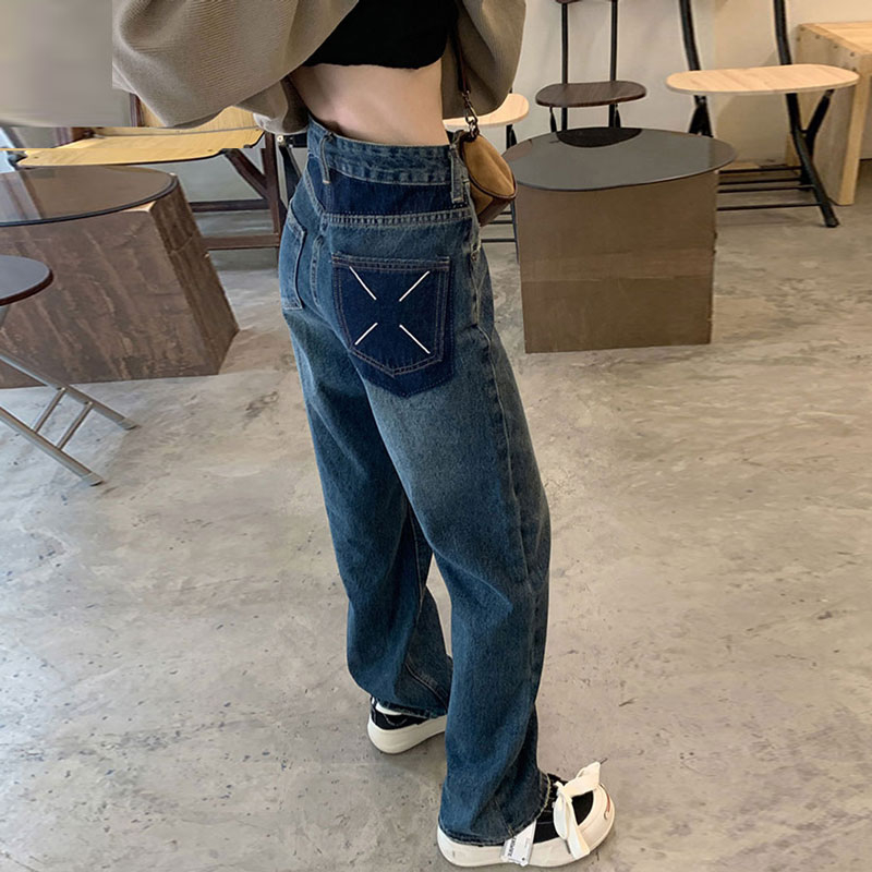 韓版撞色口袋設計感高腰直筒寬鬆小眾時尚闊腿牛仔長褲女拖地褲子