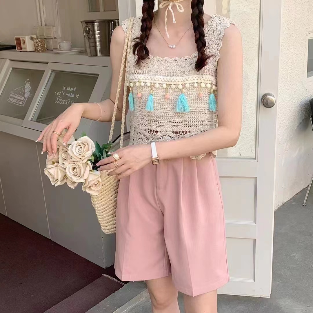 復古流蘇無袖針織背心女夏季新款修身顯瘦外穿短款鏤空吊帶上衣