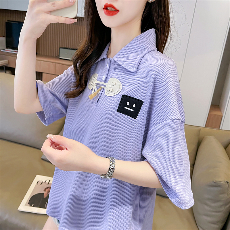 實拍 原版質量夏裝韓版寬鬆華夫格POLO領系帶貼標短袖T恤女
