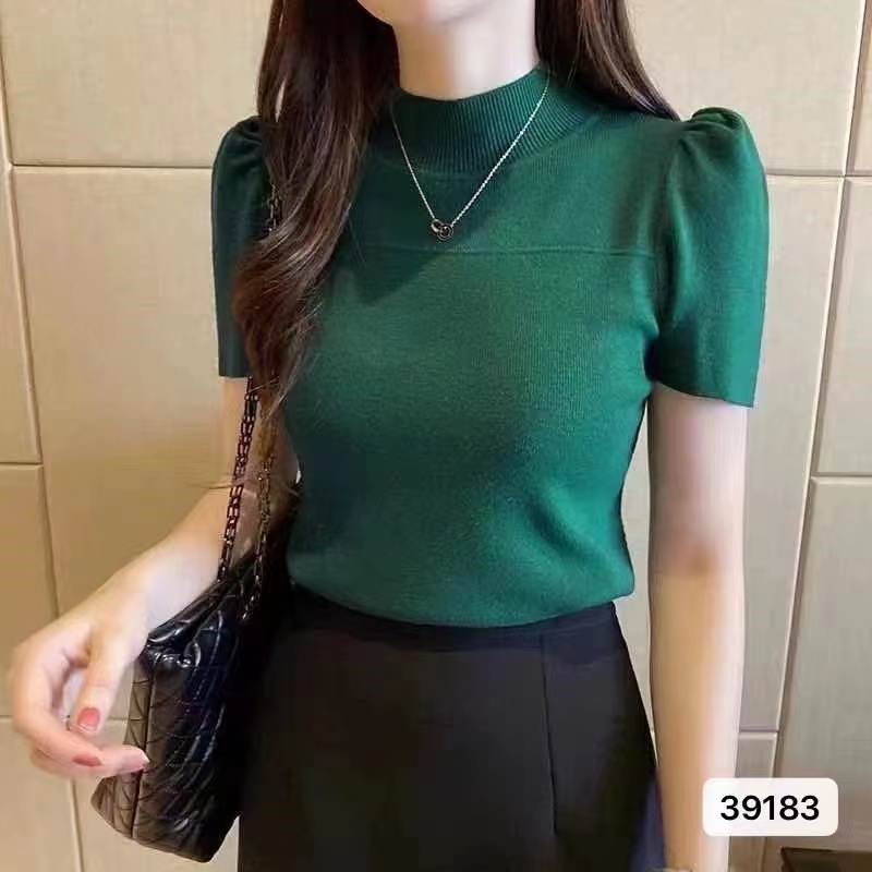夏季新款韓版優雅氣質半高領純色泡泡短袖上衣女