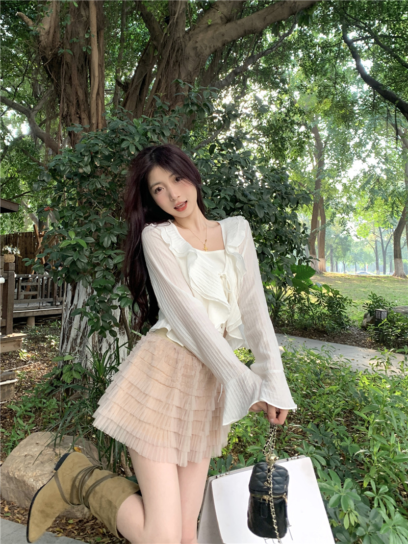 新款法式小眾荷葉邊長袖開衫上衣吊帶背心兩件套女 實拍
