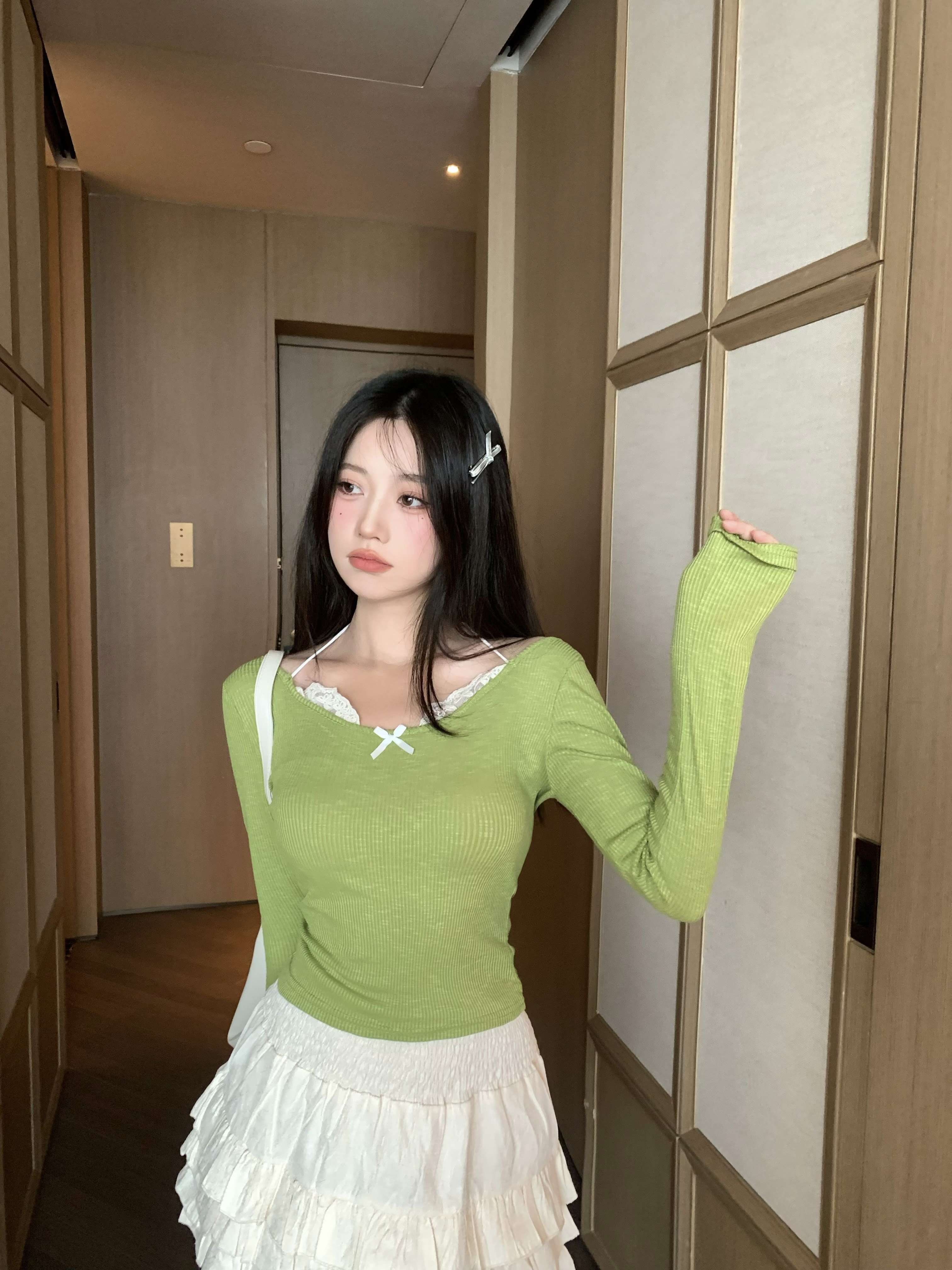 實拍~假兩件蕾絲拼接修身長袖百搭針織打底衫T恤女