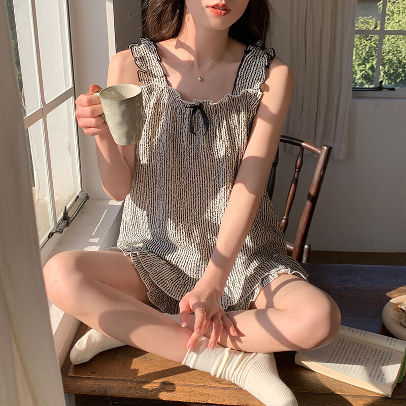 帶胸墊睡衣女夏季2024韓版新款皺布吊帶家居服兩件套裝甜美可愛