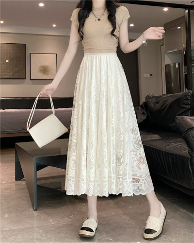 Real shot of lace skirt, women's mid-length A-line umbrella skirt, high-waisted slimming pleated skirt