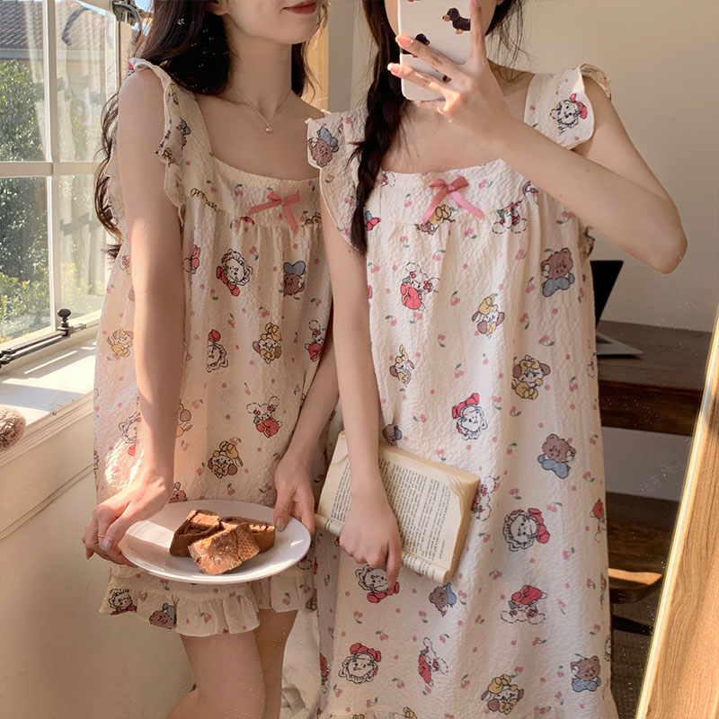 帶胸墊睡衣女夏季2024韓版新款小飛袖皺布家居服套裝甜美可愛網紅