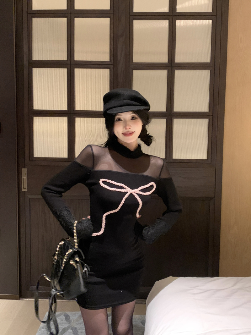 實拍 蝴蝶結女冬小個子羊毛修身針織年會連衣裙