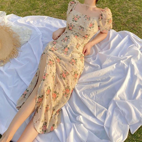 2024 new long dress tea break French design niche square neck puff sleeve floral dress for women summer