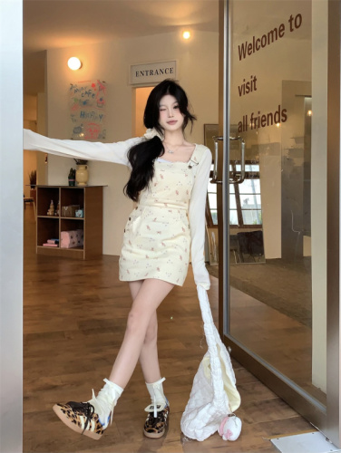 Actual shot Korean floral suspender skirt for women early spring 2024 new style small printed suspender hip skirt