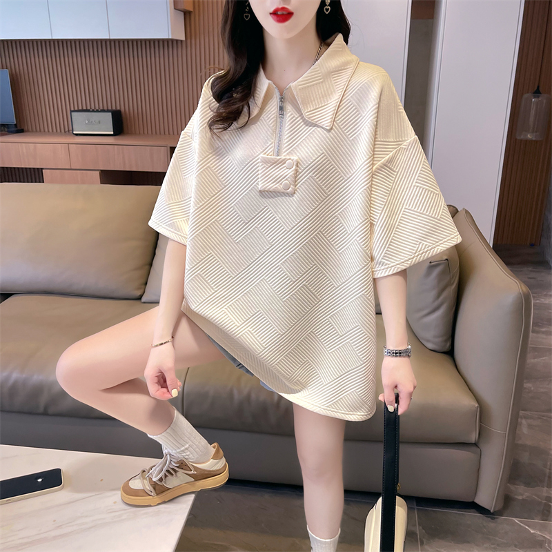 實拍 夏季新款韓版寬鬆後包領提花POLO領拉鏈印花大碼短袖T恤女
