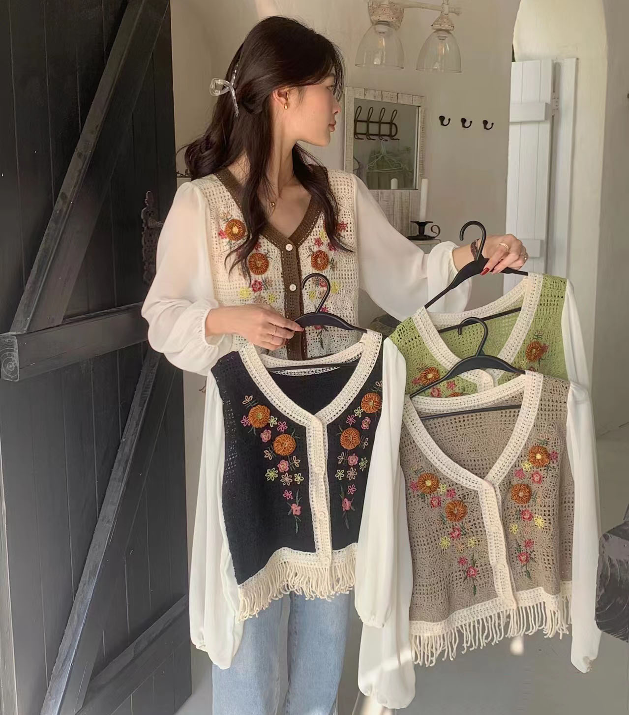 春秋設計感小眾復古刺繡泡泡袖長須雪紡V領開衫上衣女