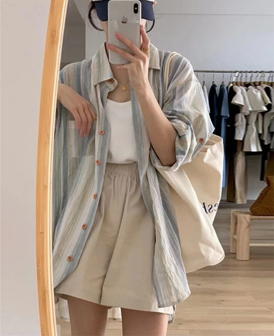 2024年新款春季條紋襯衣女春秋上衣設計感小眾防曬襯衫外套女薄款