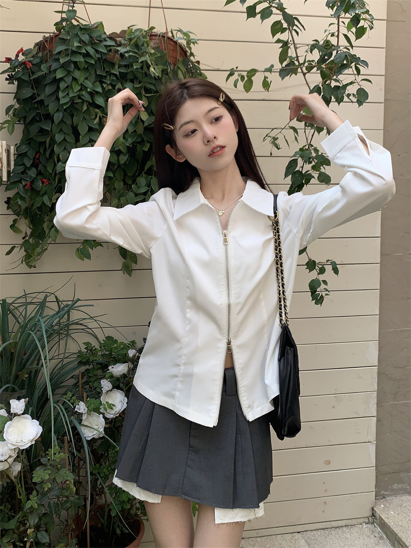 實拍 春季新款設計感高級雙拉鏈襯衣獨特别致百搭寬鬆上衣女
