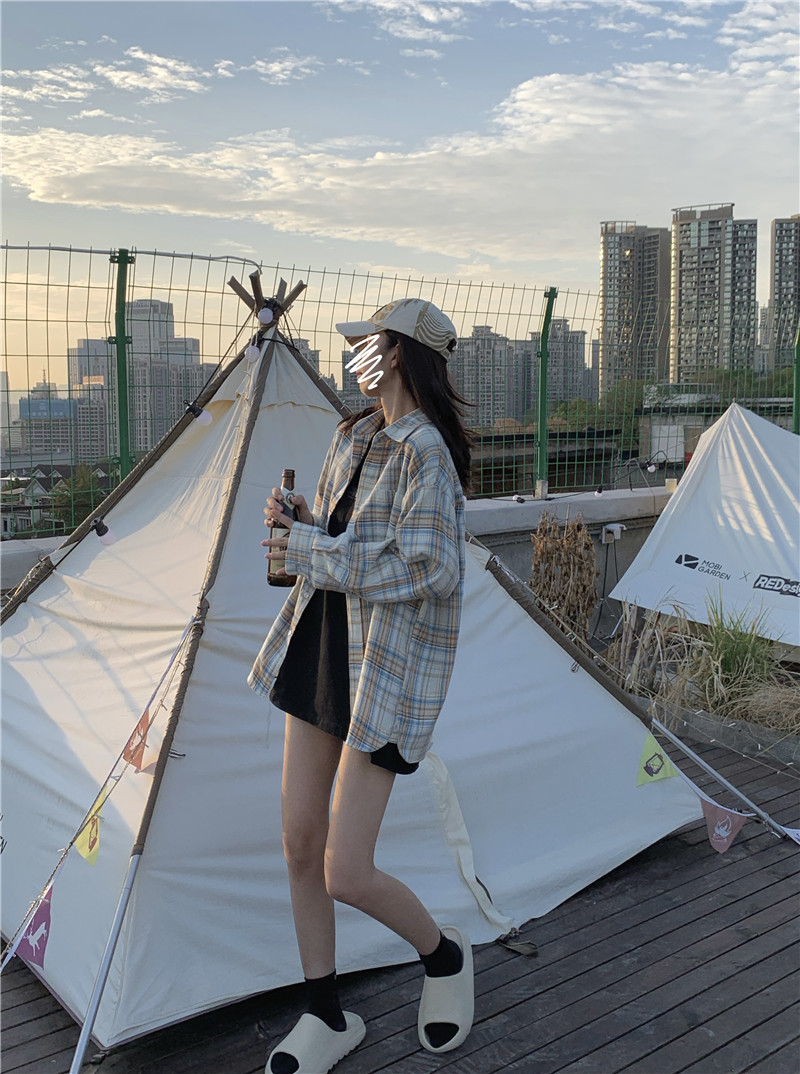 長袖格子襯衫美式復古寬鬆外套早秋洋氣小個子上衣