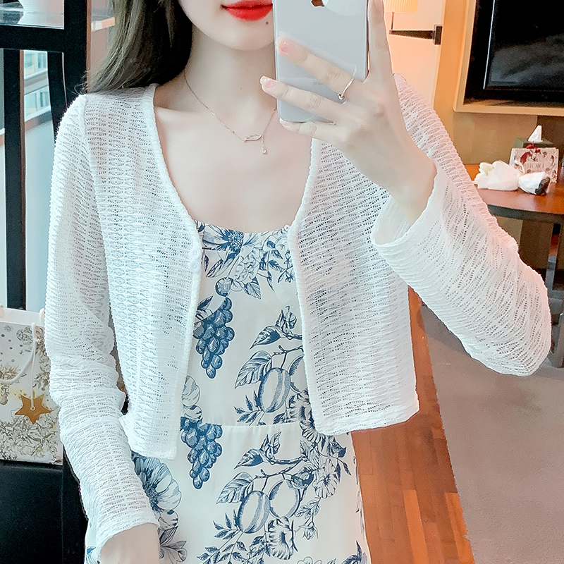 Already shipped 2024 spring and summer real shot large size new hollow button knitted cardigan slim sun protection shirt small jacket
