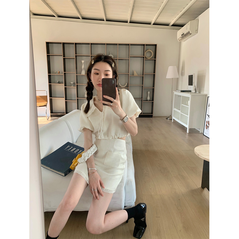 奶油小貝套裝裙女夏季甜美兩件套小香風休閒小眾洋氣套裝