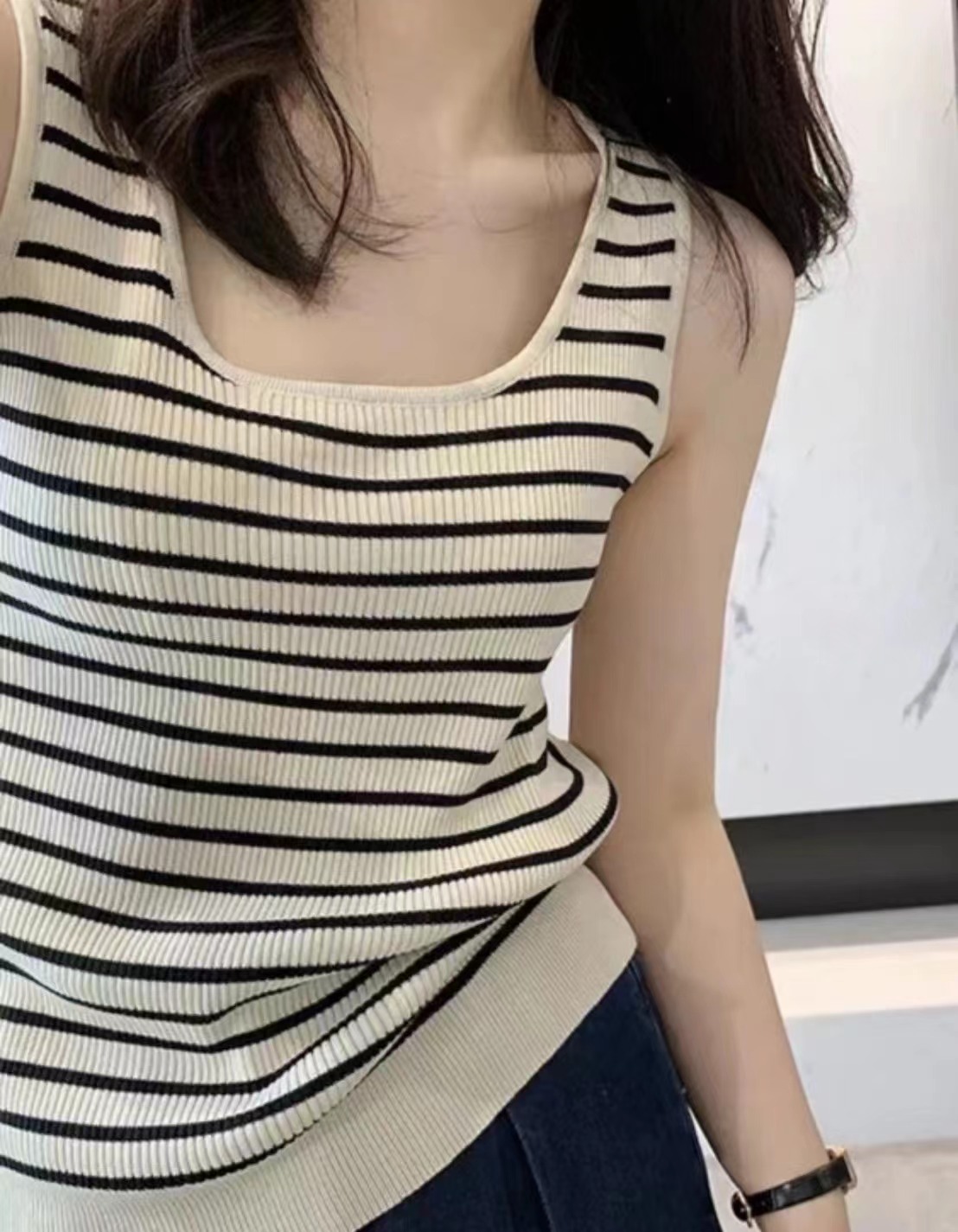 曲珠冰絲寬肩帶條紋吊帶背心女修身顯瘦防曬內搭遮副乳無袖上衣服