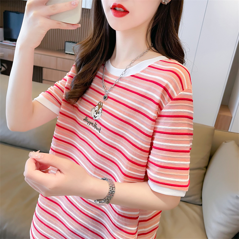 Real shot summer Korean style loose cotton round neck striped cartoon embroidered large size short-sleeved T-shirt for women