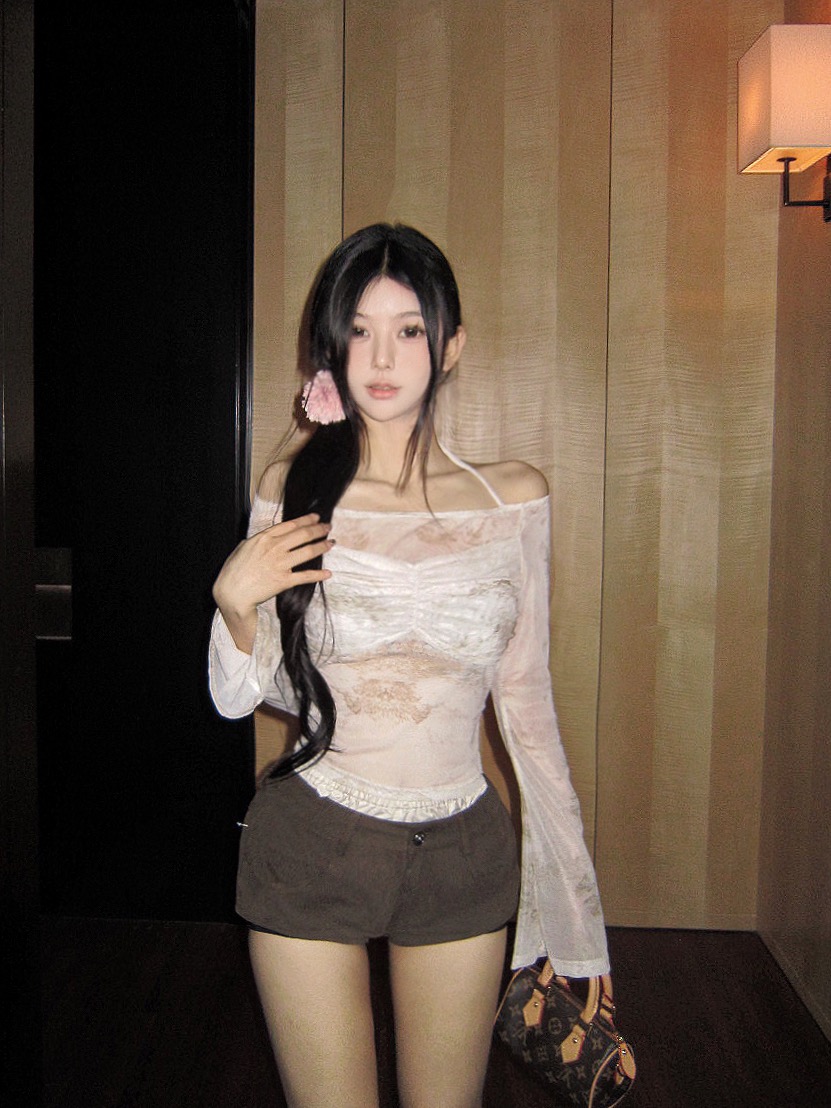 實拍 網紗扎染一字肩長袖T恤女春季辣妹綁帶內搭露臍短款上衣