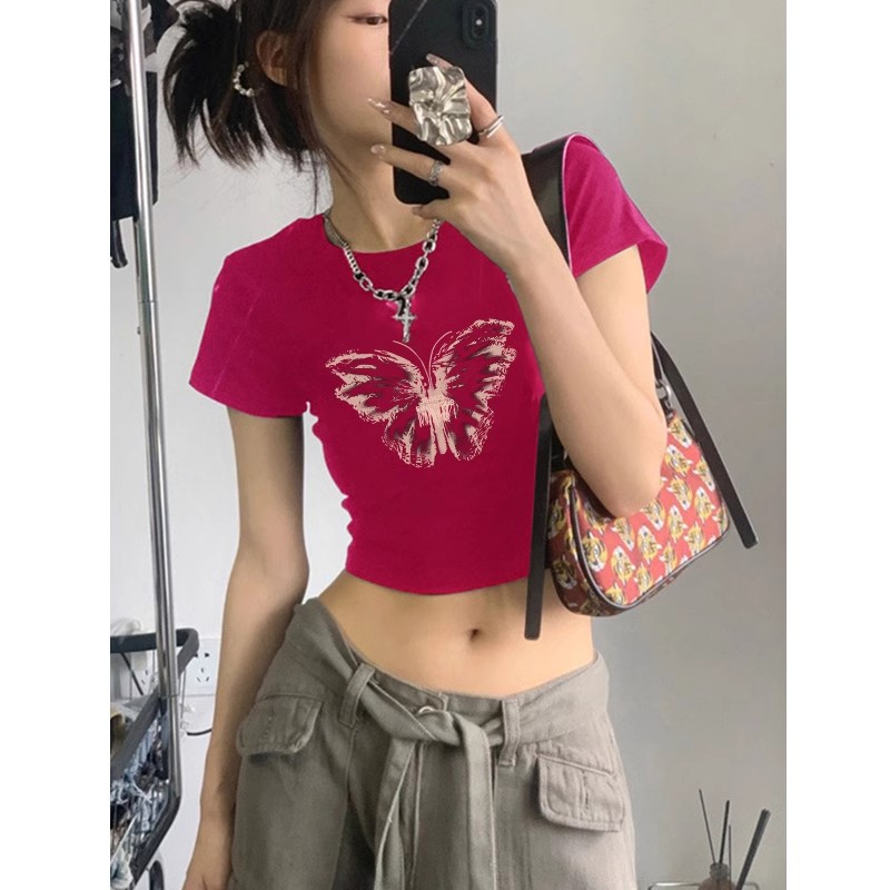 1*1純棉 高彈力火龍果色短袖夏季新款設計感法式甜美短款上衣