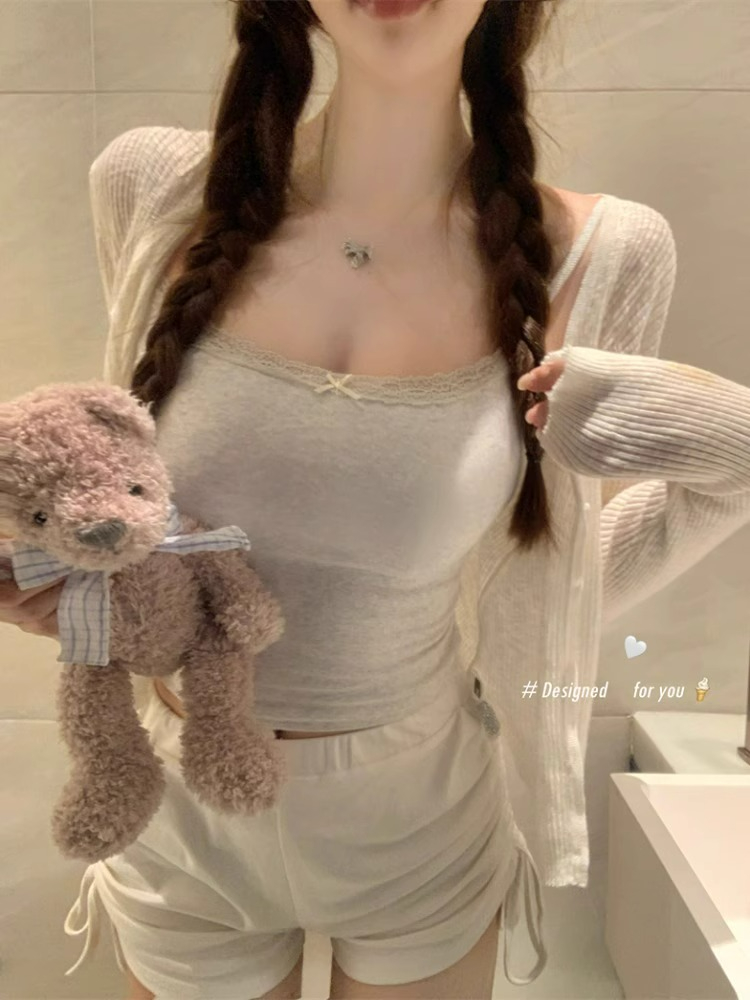 已出貨 法式蝴蝶結蕾絲花邊吊帶背心女春季純欲風短款打底衫上衣