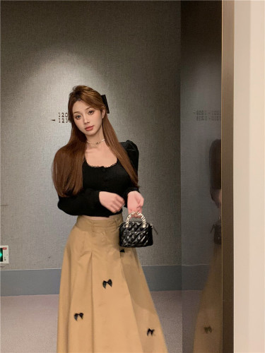 Real shot!  French knitted top + bow-knot umbrella skirt two-piece set