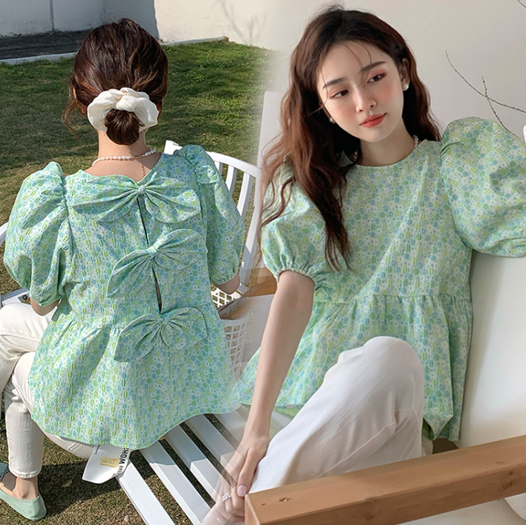 夏季設計感後背蝴蝶結甜美娃娃衫韓版泡泡袖碎花襯衫M-4XL200斤