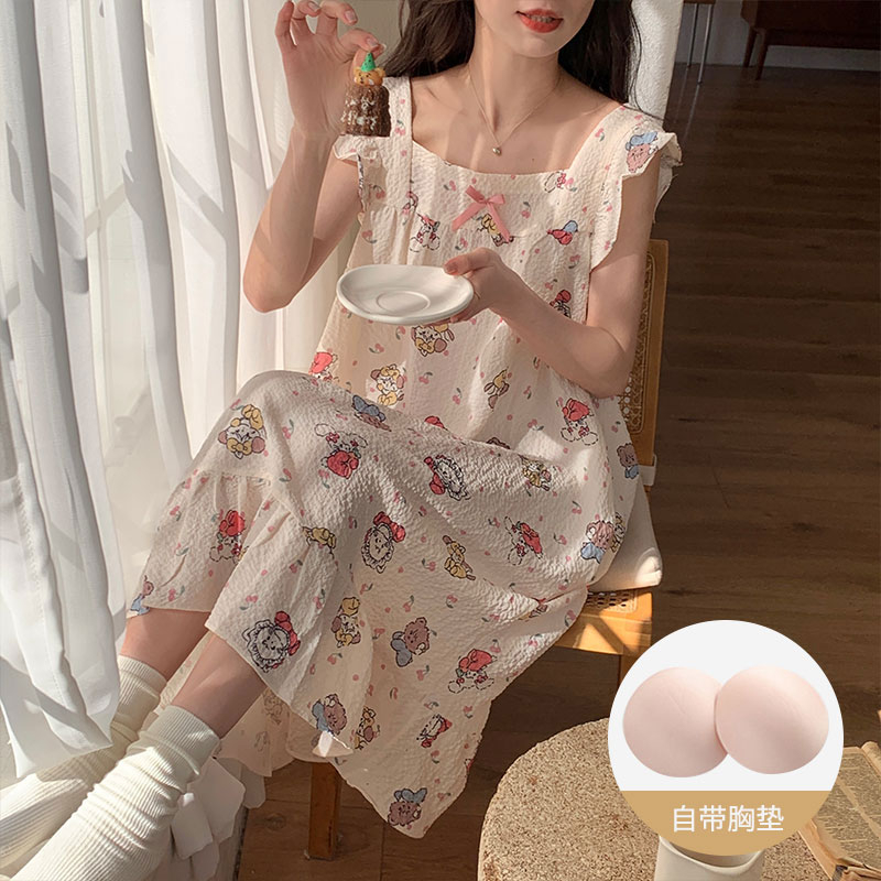 帶胸墊睡衣女夏季2024韓版新款小飛袖睡裙皺布家居服甜美可愛網紅