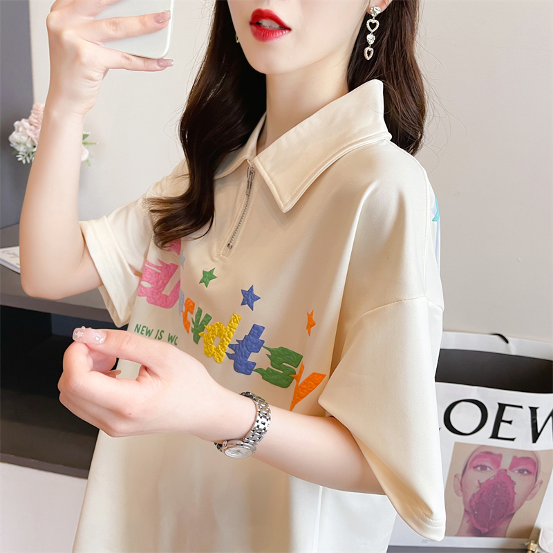 Actual shot of 2024 summer Korean style loose POLO collar half zipper foam printed large size short-sleeved T-shirt for women