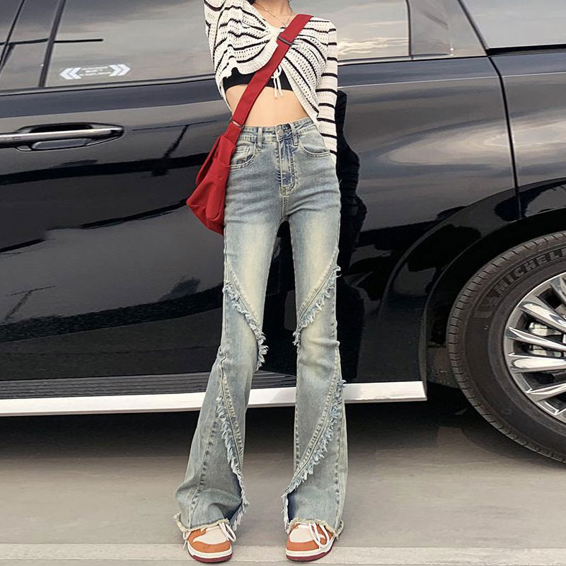 美式復古微喇牛仔褲女長褲懷舊馬蹄褲設計感小眾毛邊彈力喇叭褲子