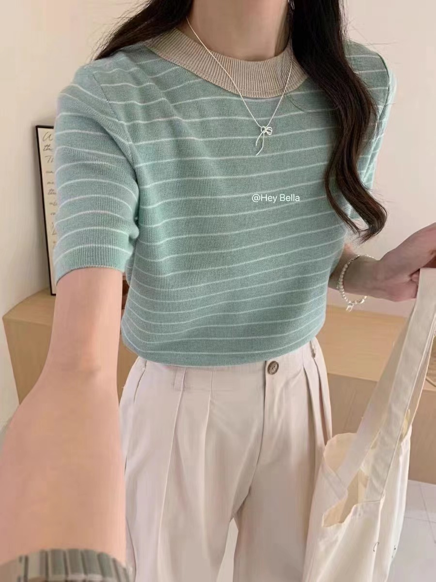 撞色條紋圓領短袖t恤女春夏新款韓版寬鬆顯瘦針織衫半袖打底上衣