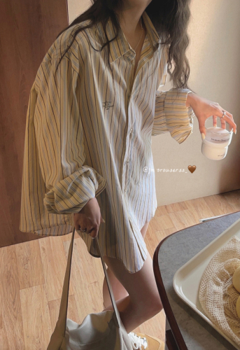 Retro yellow striped long-sleeved shirt for women loose 2024 spring and autumn layered shirt top