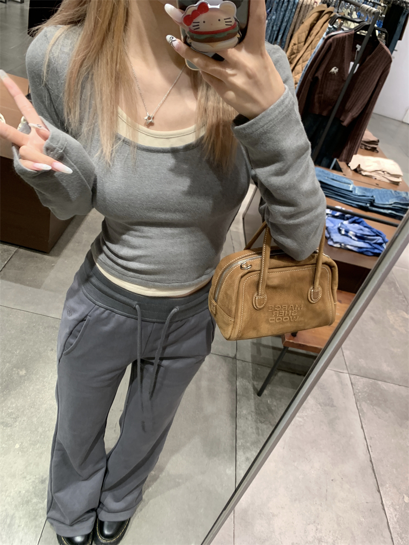 實拍~ 一秒愛上的親昵打底 巨顯瘦假兩件內搭短款長袖上衣