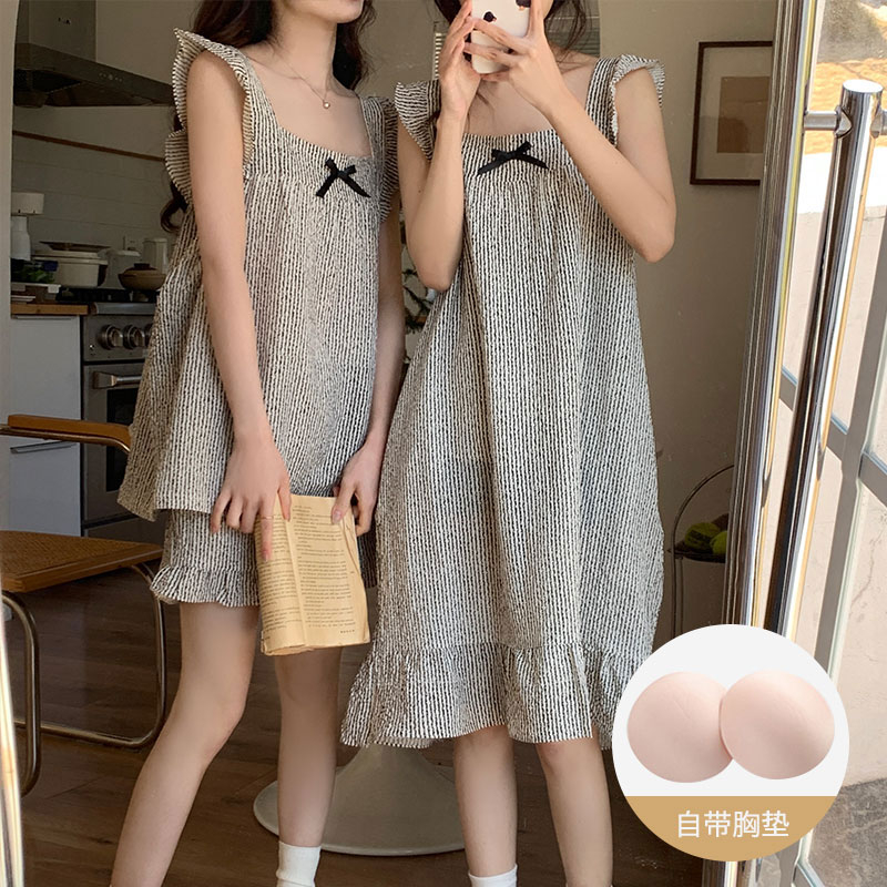 帶胸墊睡衣女夏季2024韓版新款小飛袖皺布家居服套裝甜美可愛網紅