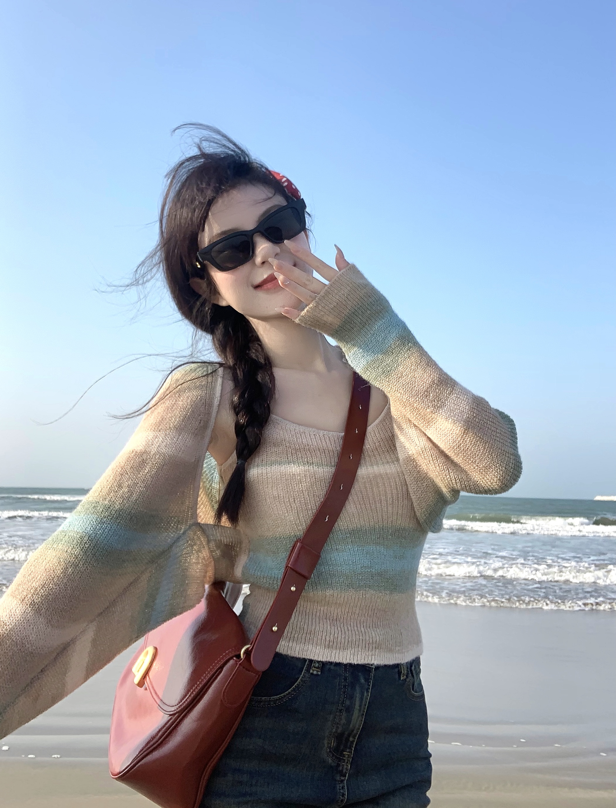 Real shot~~Spring new Korean style striped cardigan shawl top + slim and versatile suspender two-piece suit