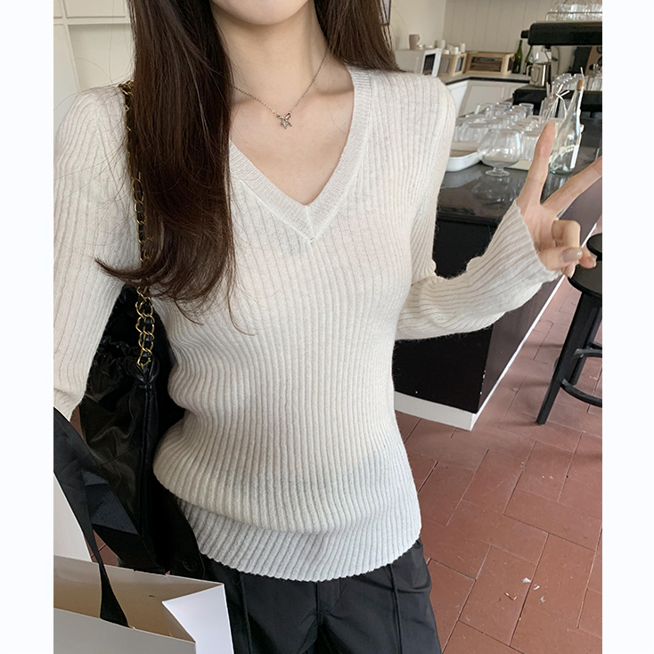 實拍圖V領長袖軟糯慵懶針織衫女2024春秋新款小眾百搭顯瘦修身