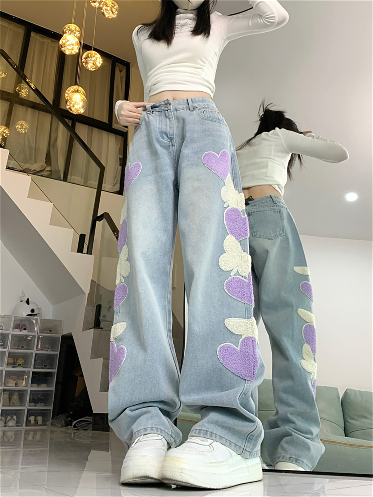 Actual shot~Light blue jeans for women with design embroidery, loose casual wide-leg straight pants