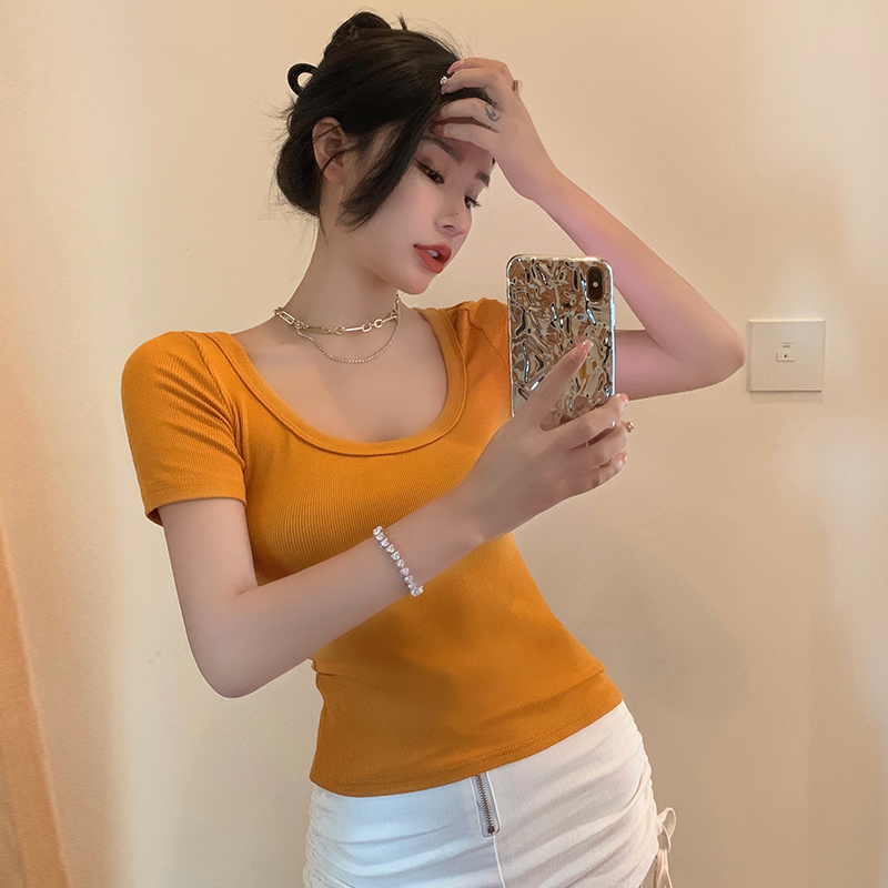 Real shot short short-sleeved T-shirt for women 2024 summer new style pure cotton round neck bottoming shirt solid color slim half-sleeved top