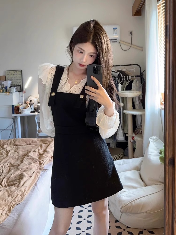 春季新款小個子穿搭白色襯衫背帶連衣裙減齡小香風高級感兩件套裝