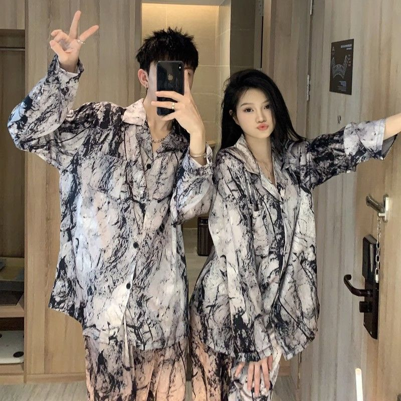 新款情侶睡衣男女士春秋季長袖高級感潑墨紋山水畫冰絲家居服套裝