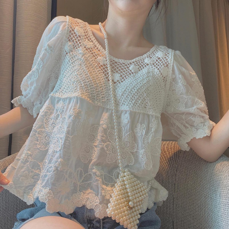 甜美蕾絲娃娃衫泡泡袖鏤空洋氣上衣韓版白色襯衫女夏季