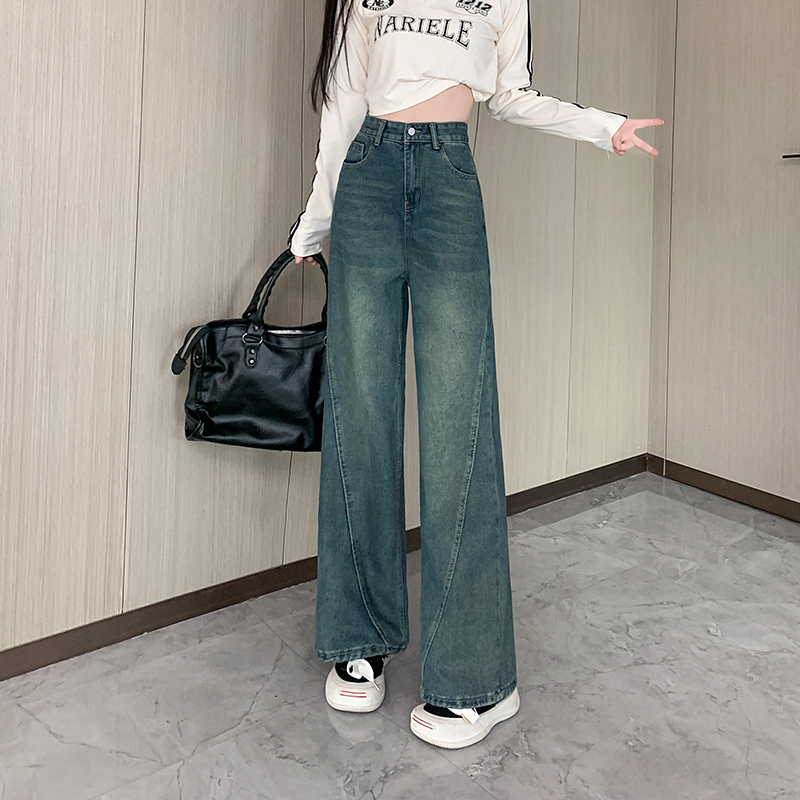 實拍~美式復古拼接闊腿牛仔褲女做舊高腰寬鬆顯瘦直筒長褲子